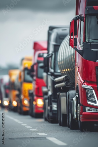 A bustling line of colorful trucks parked on a gray, overcast day, showcasing the logistics industry in motion.