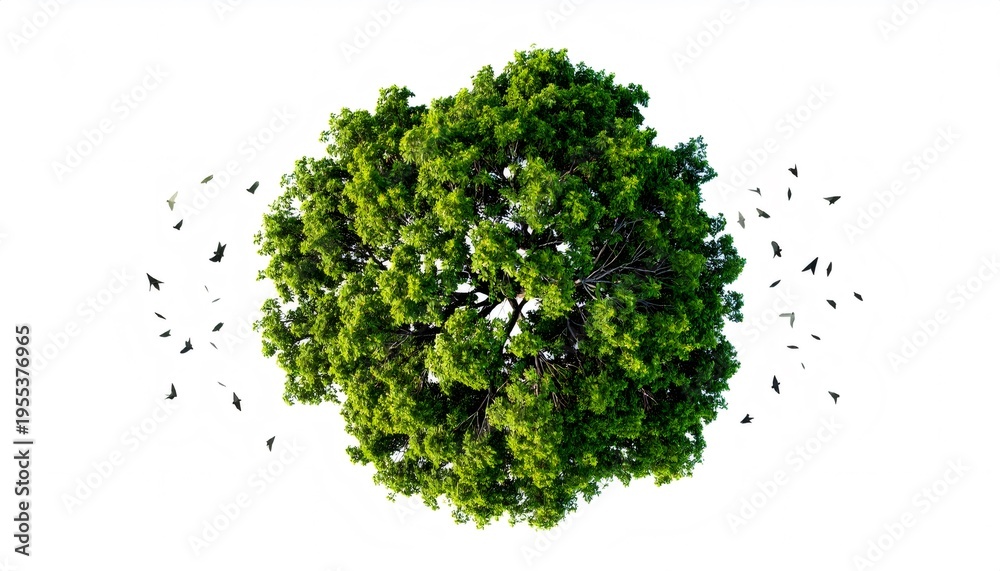 Fototapeta premium Green tree sustaining birds flying over white background