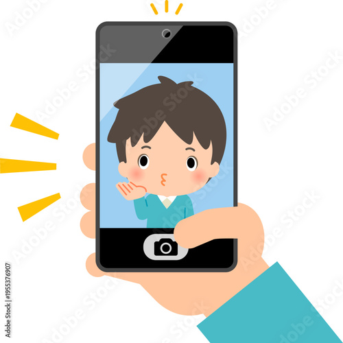 スマートフォンでおどけたセルフィーを撮る男性