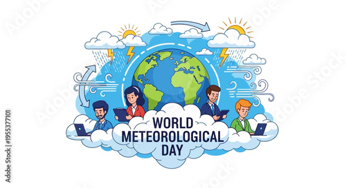 Illustration of a globe surrounded by weather symbols and people with laptops on World Meteorological Day with a blue and white color scheme.
