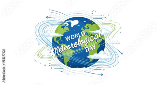 Vector illustration of Earth with swirling lines and clouds, celebrating World Meteorological Day with a weather science concept on a white background.