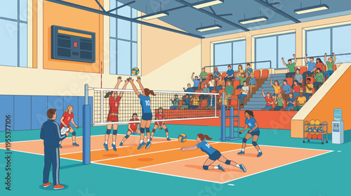 An exciting volleyball game in action inside a gym. The athletes show teamwork and determination while the audience adds energy and engagement to the environment.
