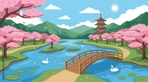 A stunning landscape featuring vibrant cherry blossoms, a serene river, swans swimming gracefully, and a traditional pagoda surrounded by lush rolling hills and nature.