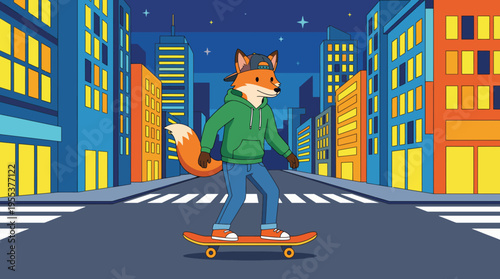 A cool fox character skateboarding at night amidst a colorful city backdrop. The image conveys a sense of adventure and youthfulness perfect for urban-themed designs.