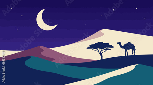 A serene desert scene features a solitary camel by a tree under a crescent moon, evoking tranquility and the beauty of a peaceful night in nature.