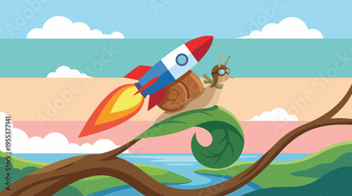 A charming snail equipped with goggles rides a colorful rocket, capturing a whimsical sense of adventure and unique creativity against a bright, enchanting backdrop.