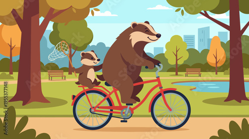 Two cheerful bears, one adult and one cub, ride a bicycle together through a lively park, radiating joy and a sense of fun in a perfect family moment.