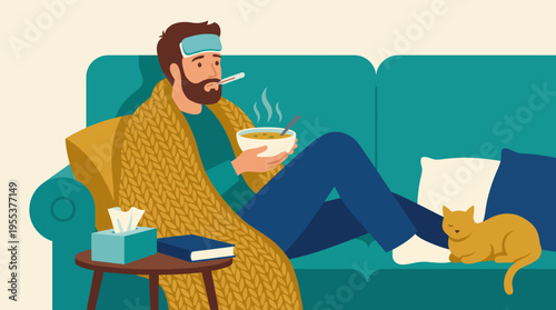 A man relaxing on a couch covered in a knitted blanket while enjoying warm soup, thermometer in mouth, accompanied by a sleeping cat, captures the essence of cozy comfort.