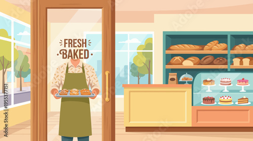 A cheerful baker stands at the door of a bakery holding fresh trays of pastries, surrounded by an inviting display of breads and sweets, embodying warmth and deliciousness.