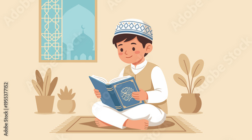 A young boy sits peacefully on a rug reading a book, with lush greenery and a beautiful architecture backdrop, signifying the importance of spiritual education and culture.