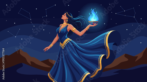 A graceful woman in a flowing blue dress holds a flame while standing under a starry sky, merging elegance with cosmic elements, portraying a sense of wonder and artistry.