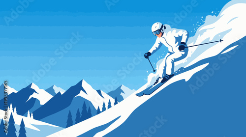 A dynamic skier in white gear descends a snowy slope surrounded by majestic mountains, embodying the thrill and excitement of winter sports and outdoor adventures.
