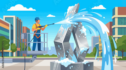 A dedicated worker uses a high-pressure washer to clean a modern metallic sculpture, representing maintenance, care, and the blend of technology with art in urban design.