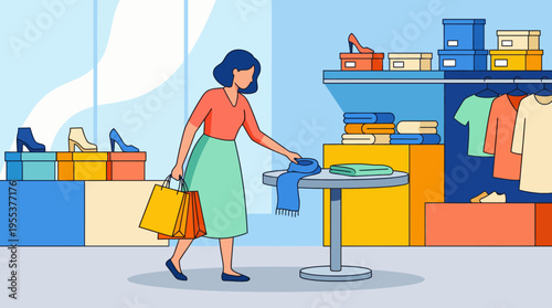 A stylish woman with shopping bags browses through a vibrant clothing store, highlighting consumer culture and the joy of finding the perfect outfit in an inviting environment.