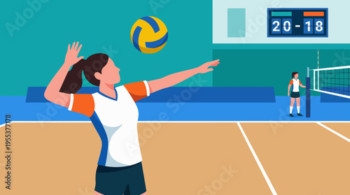 A competitive female volleyball player prepares to serve the ball while a teammate awaits in the background, conveying teamwork and determination in sports.