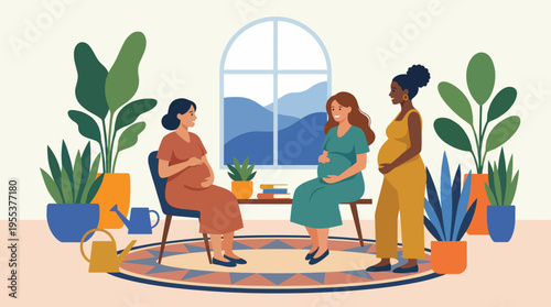 Three diverse pregnant women share a warm moment in a comfortably decorated room, surrounded by plants and a beautiful view, symbolizing friendship and support during pregnancy.