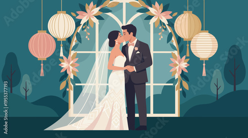 A wedding couple shares a tender kiss under elegant decorations, capturing the love, connection, and celebration characteristic of special moments in life.