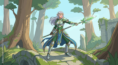 A fierce elf warrior stands poised with a spear in a mystical forest setting, showcasing themes of adventure, fantasy, and strength in an enchanting world.
