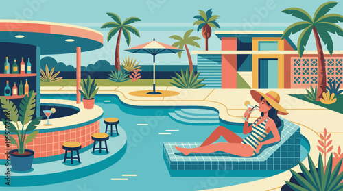 A stylish woman enjoys a refreshing drink while lounging by a colorful pool, surrounded by palm trees, representing leisure, relaxation, and summer vibes.