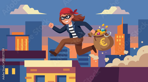 A cheerful thief dashes away across rooftops, carrying a bag filled with gold coins and jewelry, showcasing the thrill of adventure and the allure of mischief.