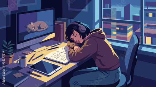 A tired artist sleeps at their desk surrounded by sketches and a glowing computer monitor, embodying the struggles of creativity and the nocturnal hustle in a city setting.