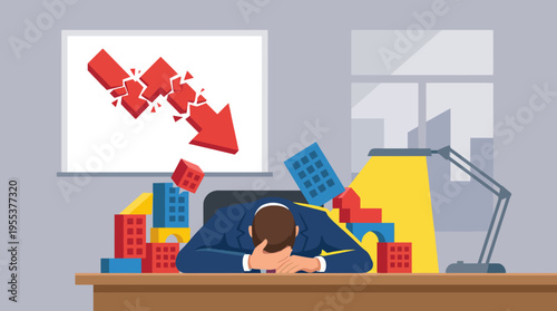 An overwhelmed businessman slumps at his desk, surrounded by collapsing buildings and a downward arrow, illustrating the pressures of corporate life and the weight of failure.