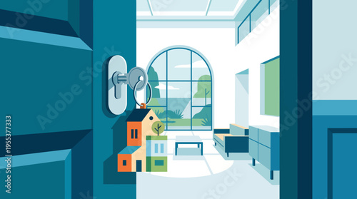 An inviting entryway showcases a beautiful interior with a view of the outdoors, emphasizing themes of home, light, and tranquility in an artistic, modern design.