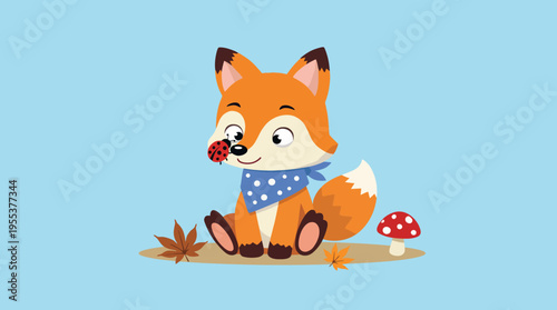 A charming cartoon fox interacts with a ladybug amidst whimsical scenery, featuring vibrant colors and delightful nature elements, perfect for children’s illustrations.