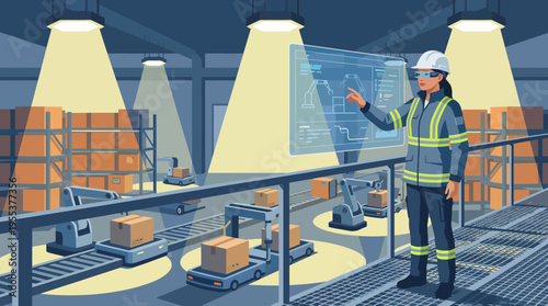 An advanced warehouse scene showcases innovative robotic technology alongside a worker, highlighting efficiency and modernization in logistics and inventory management processes.