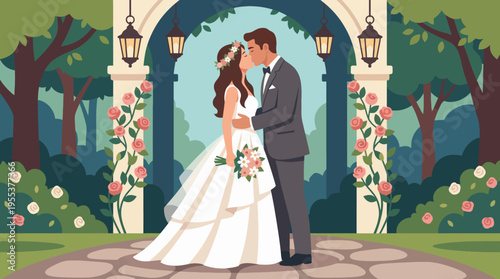 A couple embraces in a romantic kiss under a beautiful archway surrounded by trees and flowers, depicting love, connection, and the joy of a wedding celebration.