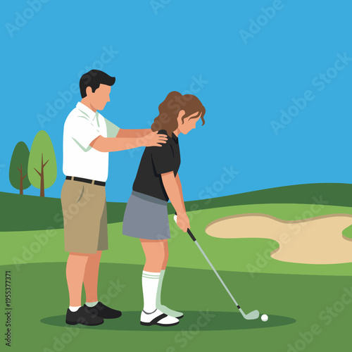 A golf coach assists a young female student with her swing technique on a sunny day, emphasizing mentorship, learning, and the pursuit of personal excellence in sports.