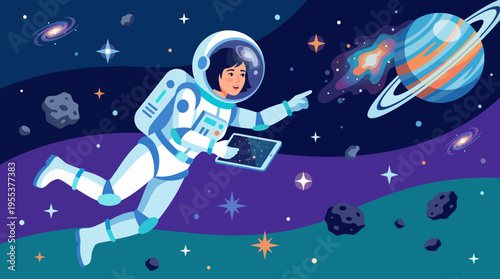 An astronaut floats in space, pointing at Saturn's spectacular rings while holding a digital tablet, representing exploration, curiosity, and the thrill of the cosmos.