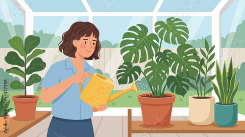 A woman joyfully waters plants in a bright greenhouse, surrounded by lush greenery that symbolizes growth, care, and the beauty of nurturing nature's gifts.