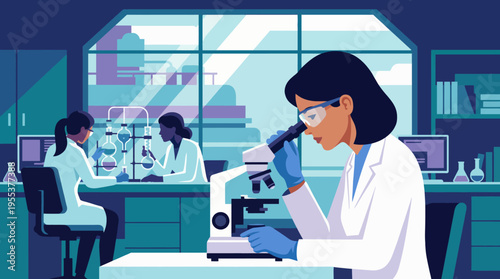 A modern laboratory scene depicts a scientist using a microscope while fellow researchers conduct experiments, illuminating the importance of scientific discovery and innovation.