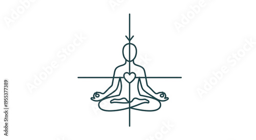 Minimalist Line Art of Meditating Figure Centered with Heart and Alignment Axis.