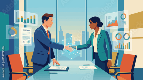 Two business professionals shaking hands to finalize a business agreement, highlighting the essence of partnership, collaboration, and success in a corporate environment.