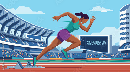 An athlete energetically launching off the starting blocks at the World Athletics Championships, showcasing determination and athletic prowess on a vibrant stadium track.