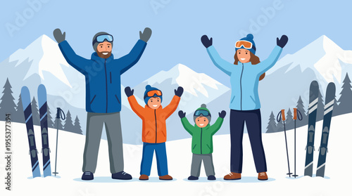 A cheerful family poses with arms raised in a snowy landscape, highlighting the joy of winter sports, family bonding, and the spirit of adventure during vacations.