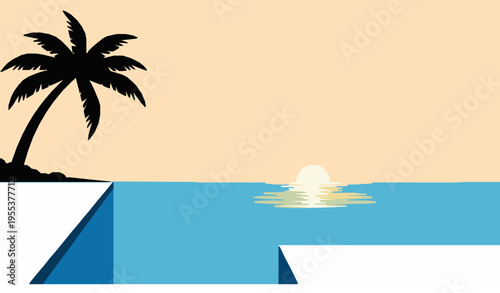 Orange Sunset Over Blue Pool with Palm Tree Silhouette Vector Illustration
