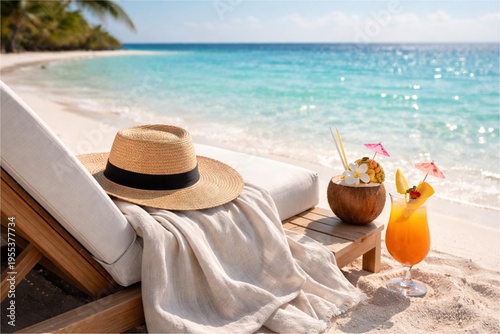 Relaxing beach day with sunbed, refreshing drink, and straw hat