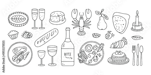Illustration of French and Italian cuisine items arranged horizontally