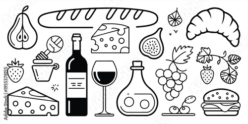 A black and white line art illustration of French and Italian food items arranged horizontally with wine and various dishes.