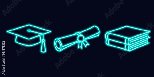 Neon graduation hat diploma and books icons set on dark background.