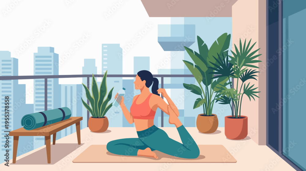 Fototapeta premium A woman practicing yoga on a balcony with a city view, surrounded by plants and wellness items, highlighting balance, inner peace, and the fusion of nature with urban life.