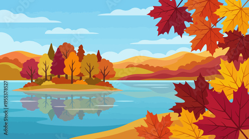 A picturesque autumn scene with vibrant-colored foliage surrounding a tranquil lake, encapsulating the beauty of nature and the changing seasons.
