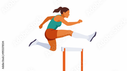 A dynamic female athlete captured mid-jump over a hurdle, showcasing the spirit of competition, athleticism, and determination in sports.