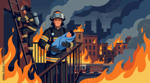 A striking scene of brave firefighters saving a child from a blazing fire, showcasing courage and heroism in times of emergency while surrounded by chaos and danger.