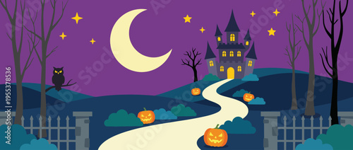 A haunting Halloween night scene featuring a dark castle, glowing pumpkins, and a bright moon, evoking feelings of mystery and enchantment for the season of fright.