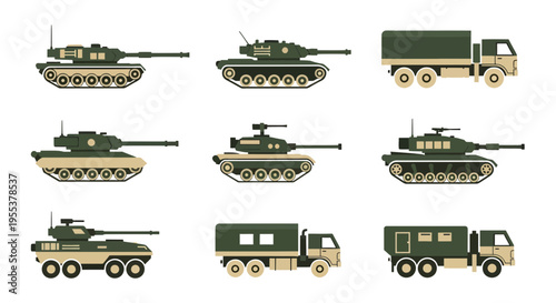 Military Vehicle Vector Set: Tanks, Armored Trucks, and Combat Transport Flat Icons