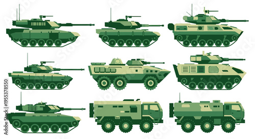 Military Vehicles Vector Set: Modern Tanks, Armored Personnel Carriers, and Tactical Support Trucks Illustration